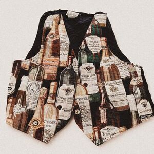 Vintage Wine Bottle Print Vest | USA-Made | Textured Fabric Quirky Button-Up LG